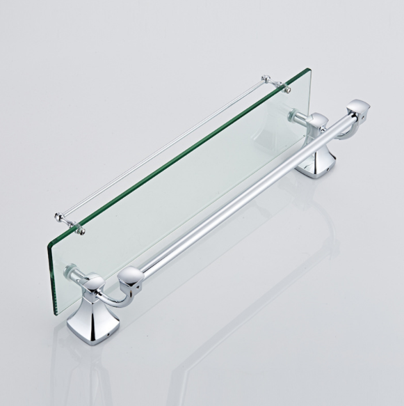Stainless Steel Single Layer Bathroom Glass Shelf with Towel Bar Shower Rectangular Rack Wall Mounted Cosmetic Holder