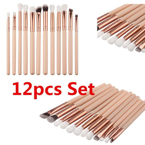 Wood Handle Eye Shadow Makeup Brush Set 12pcs Black Rose Gold Pink