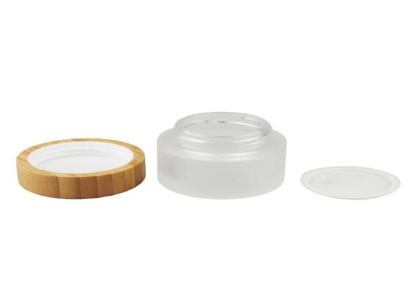 Frost Glass Empty Lotion Jars , Nail Polish Cosmetic Glass Bottles With Bamboo Cap Lid