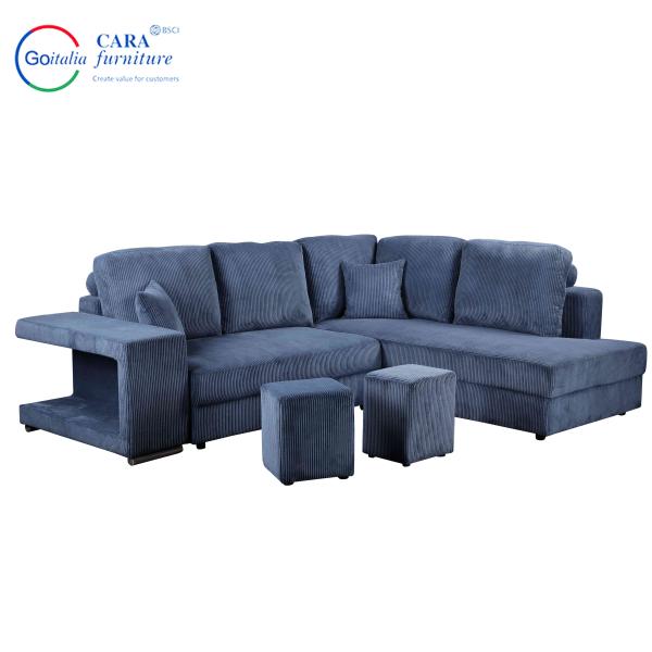Multifunctional Wood Frame Fabric Cover L Shape Mobile Sofa Footstool Grey Blue Sofa Bed