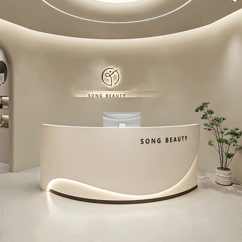 Reception Desk with Marble-effect Veneer Premium Cashier Counter with LED Ambient Lighting for Jewelry Shop Counter