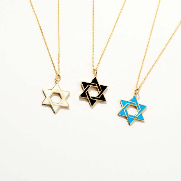 Women's Classic 925 Silver 18K Gold Chain Enamel Hexagram Pendant Necklaces