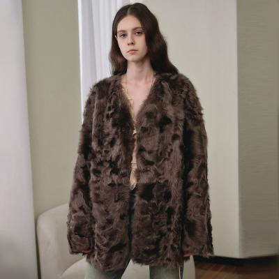 V-Neck Faux Persian Lamb Fur Coat