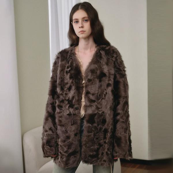 V-Neck Faux Persian Lamb Fur Coat