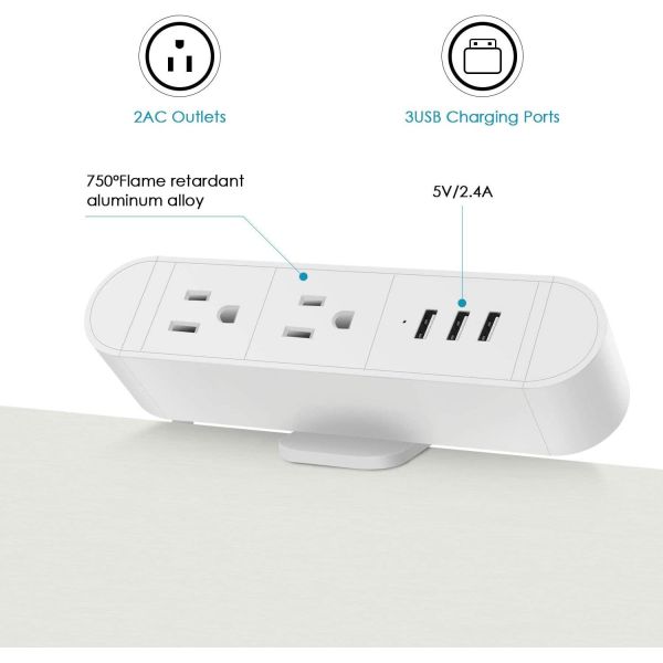 White Sleek Aluminium Clamp Mounted Surge Protector 3 USB Ports 45mm