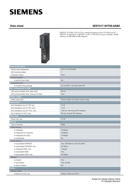 Siemens 6ES7417-5HT06-0AB0 PLC 100% Original Brand New In Stock SIMATIC S7-400H CPU 417-5H PN/DP