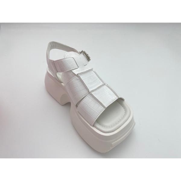 Women white sandals with thick soled and metal button genuine leather