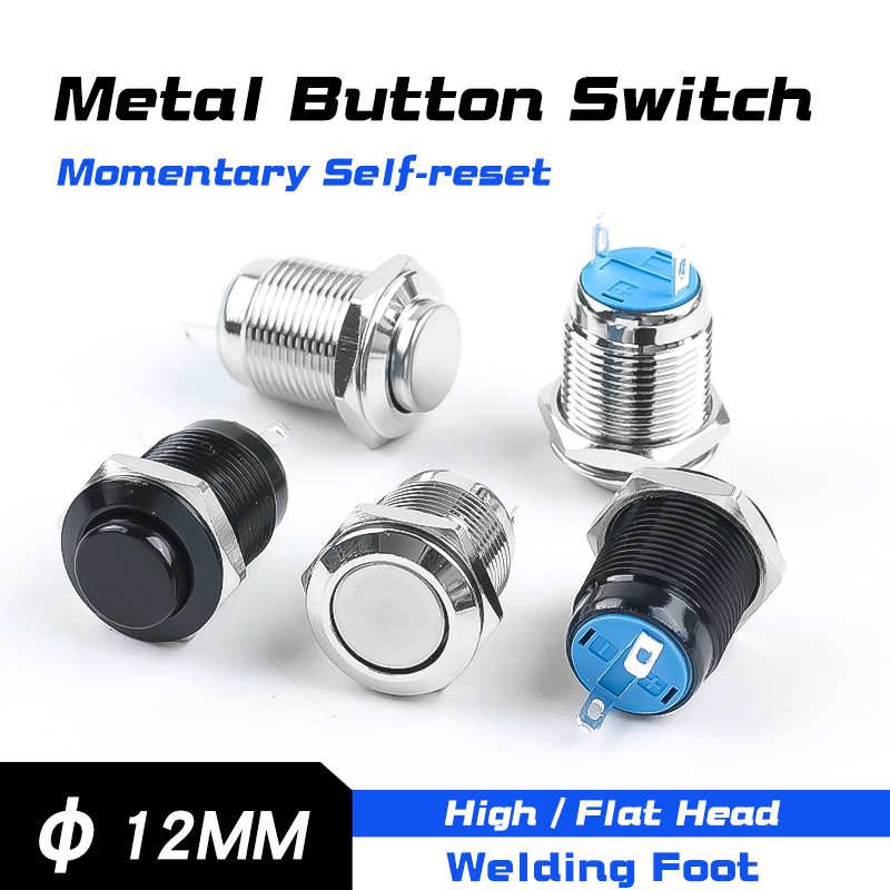 12MM Metal Push Button Switch No Light High Head Flat Head Self Resetting
