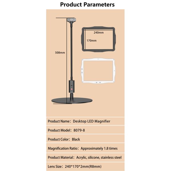 Desktop Movable Height Adjustable Floor Screen LED Magnifier Acrylic Detachable Switchable Lenses 48 Bright Eye-Care Reading