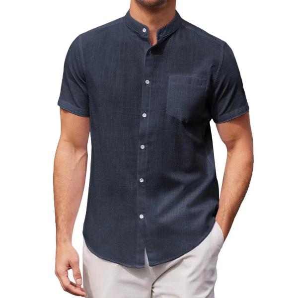 Slim Fit Men Cotton T Shirts Standing Collar Cotton Linen Shirt
