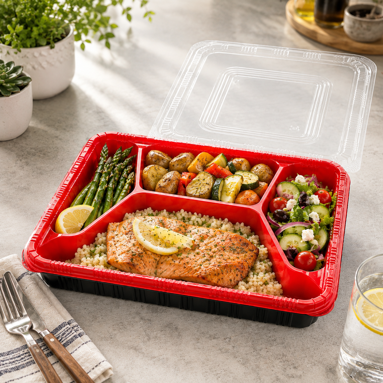 Complete Takeaway Meals Multi Compartment Trays Four Compartment with Clear Lid