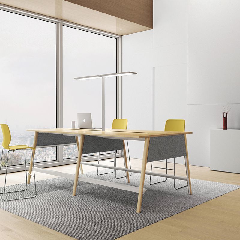 Breakout Space Office Desks Oak Wood Bar Table With White Steel Frame