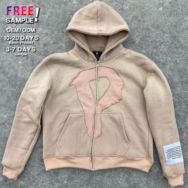 Sin cordones Pesado pesado Rips angustiado Aplicación bordado sudadera con capucha respirable