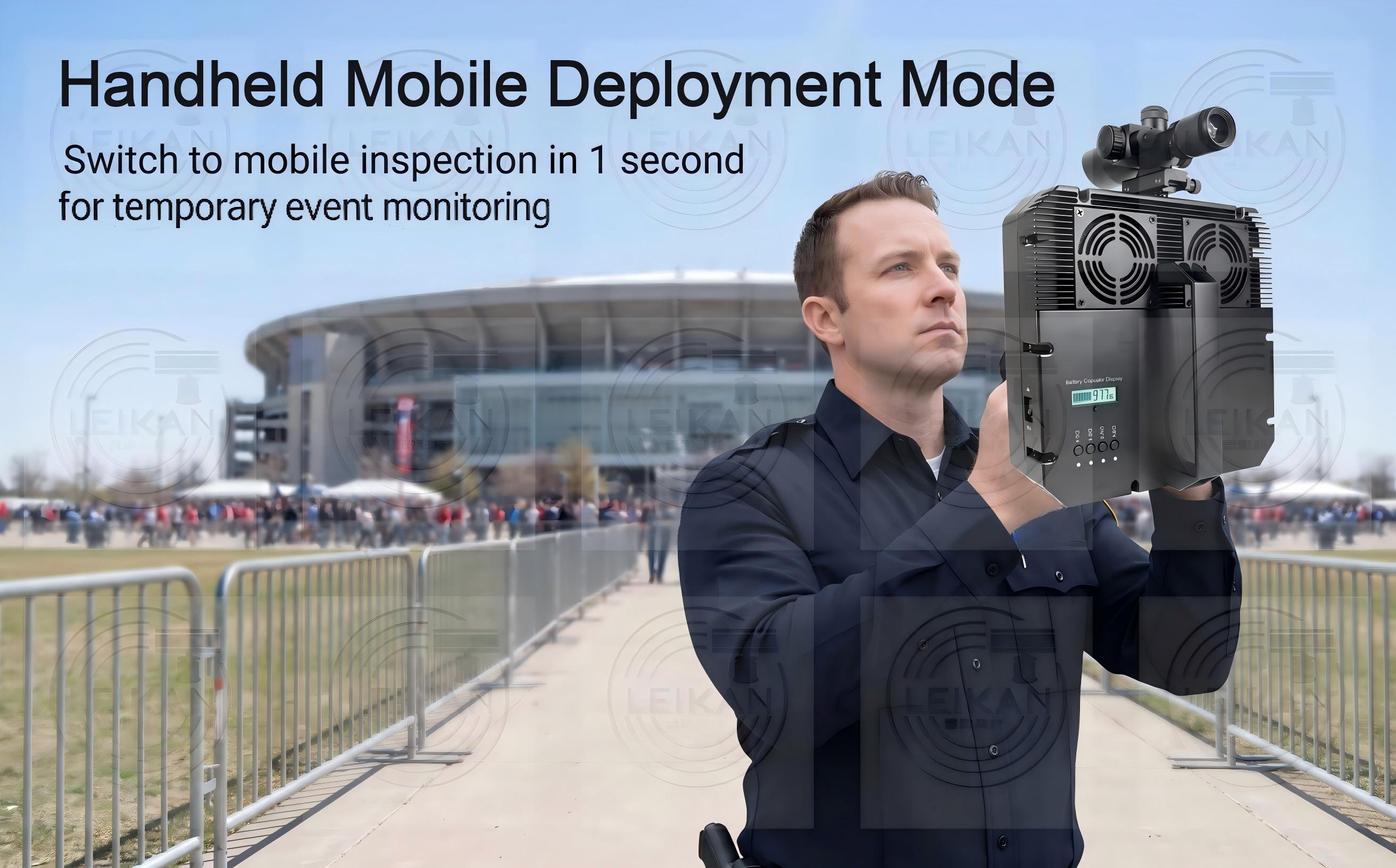 0.3-1.5km Handheld 5-Band Drone RF Device Portable Detector Aluminum Heat Sink Dual Fan Cooling 60-Minute Working Security