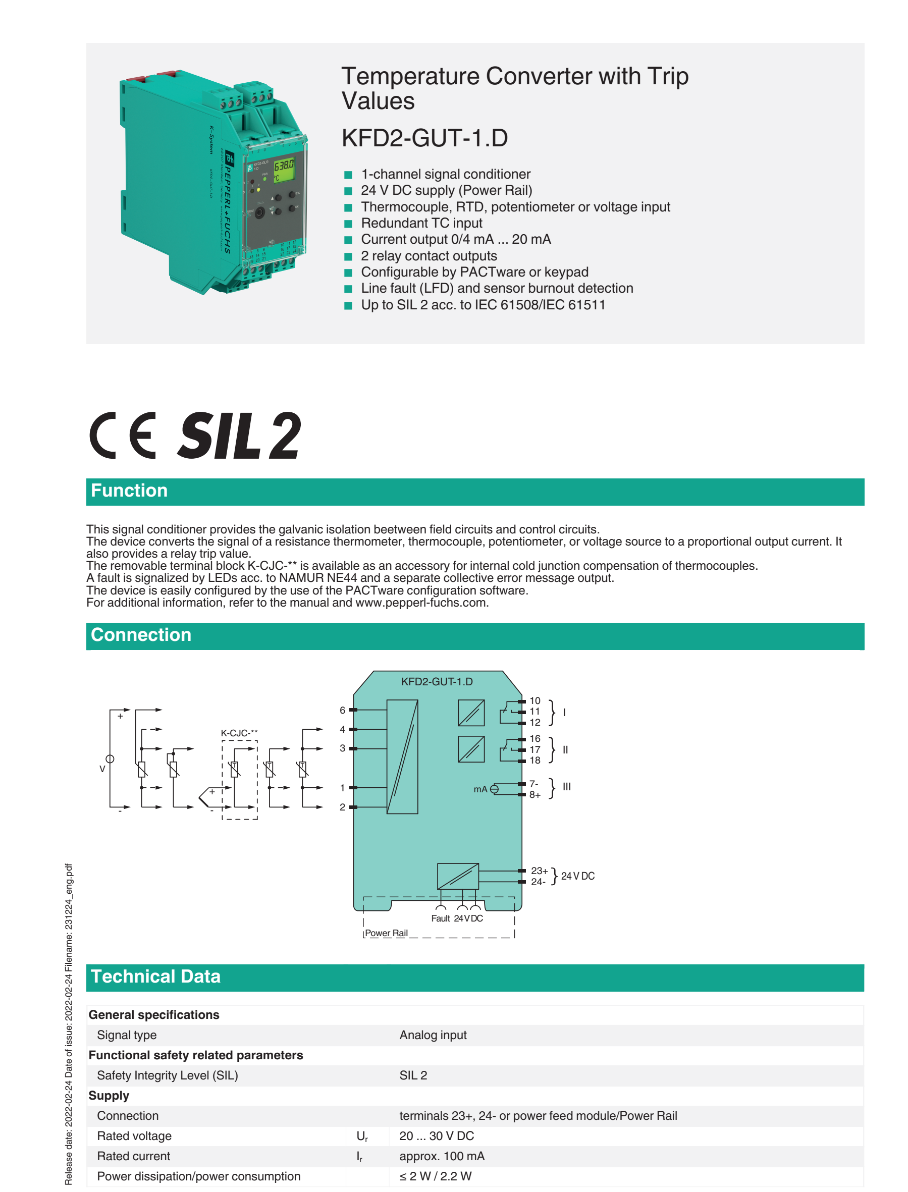 KFD2-GUT-1.D P+F Safety Barrier Temperature Converter With Trip Values PEPPERL+FUCHS Zener Barrier