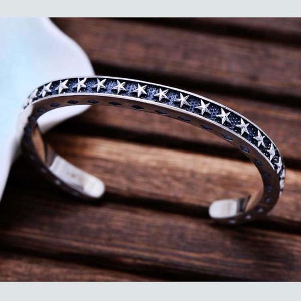 Vintage Black Rhodium Plated Thai 925 Sterling Silver Star Bangle Bracelet(XH057344W)