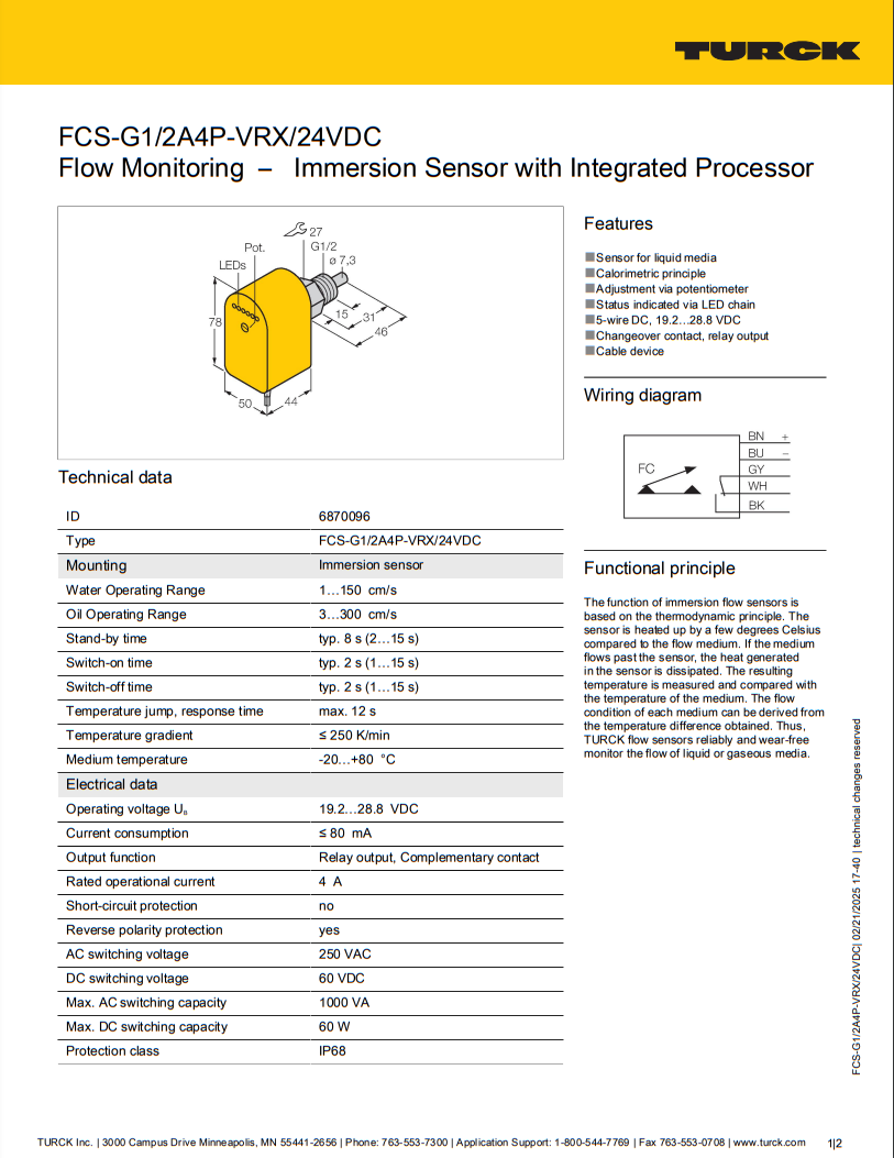 TURCK FCT-G1/2A4P-VRX/24VDC thermal flow sensor with 4-20mA analog output