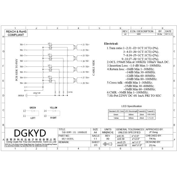Metal Shielded Cat6a Ethernet Connector Female RJ45 With Transformer, G/Y LED KRJ-202ENL
