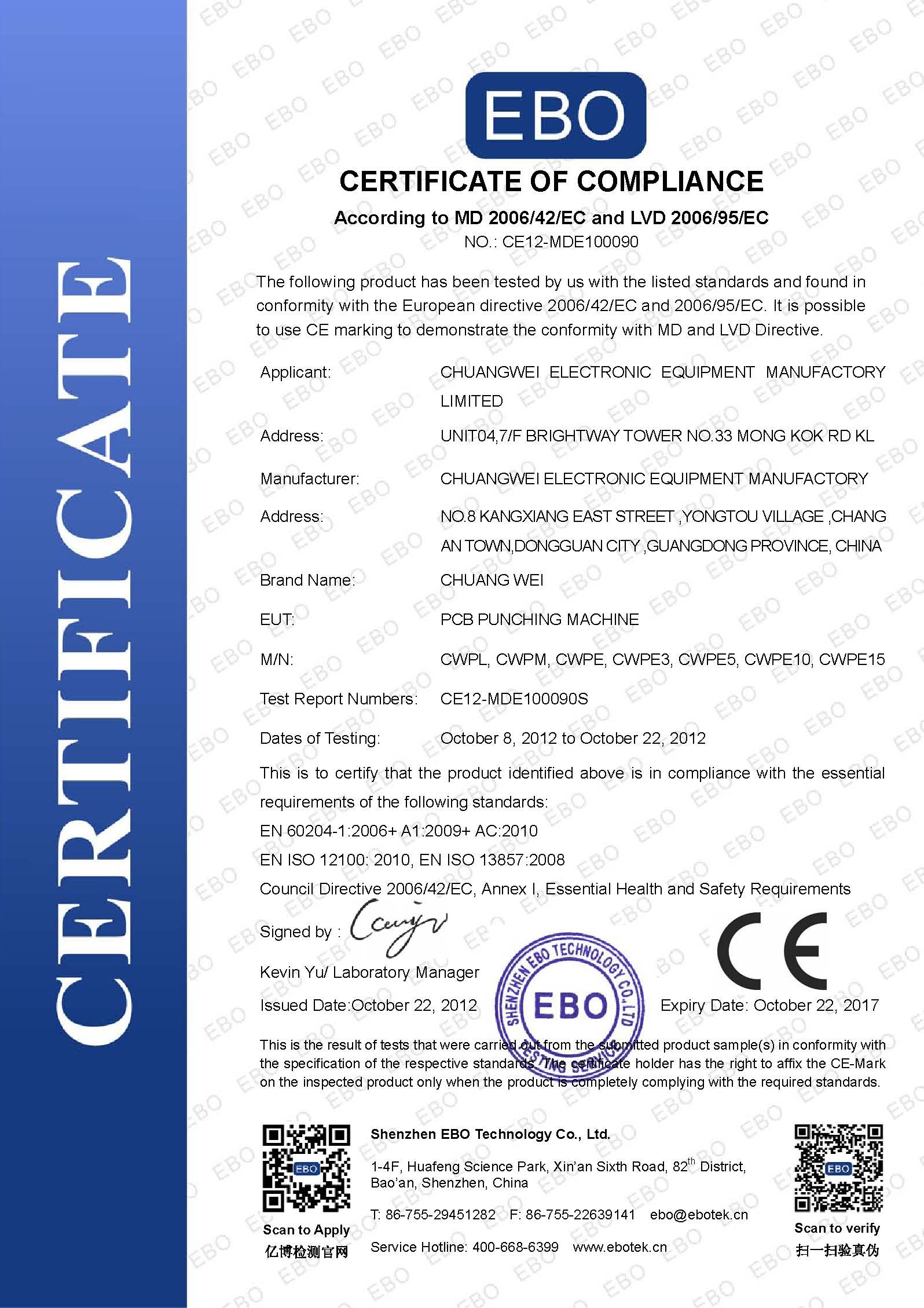 Guangdong Chuangwei Electronic Equipment Manufactory Certifications