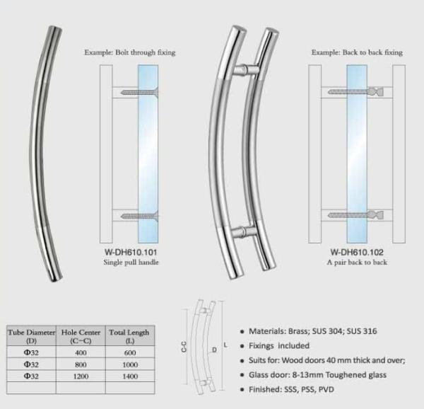 Modern curve Bar timber Door Handle Pull push Glass door Entry Exterior Interior Gate Entrance Brushed Finish W-DH610