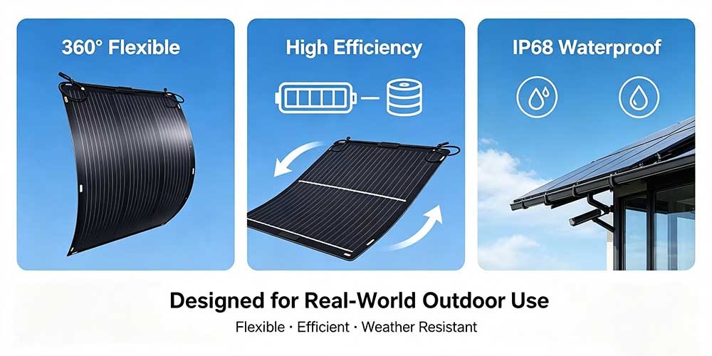 105W Off‑Grid Bendable Solar Panel, IP68 Waterproof Junction‑Box Solar Panel for Outdoor Living