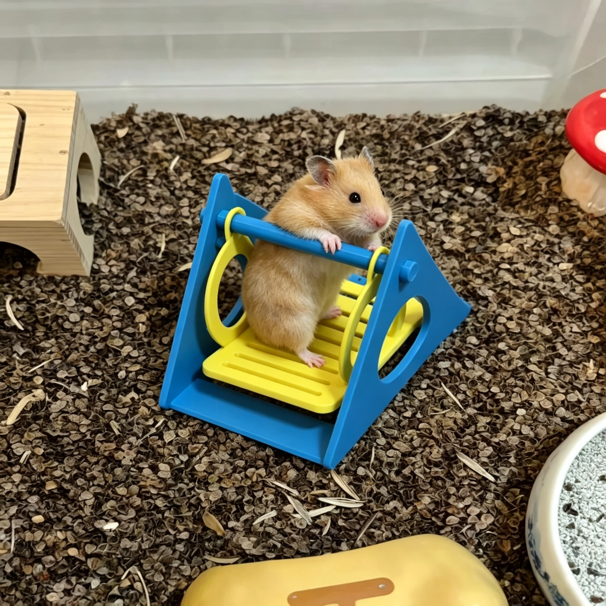 Colorful Blue-Yellow Hamster Hanging Swing Toy, 3D printed Pet Accessories Interactive Play Toy for Small Pets