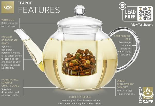 1500ml ((52oz) Chávena de vidro com infusor removível, Ehugos Stovetop Safe Grande Chávena de Chá, Florescente e mão de folhas soltas