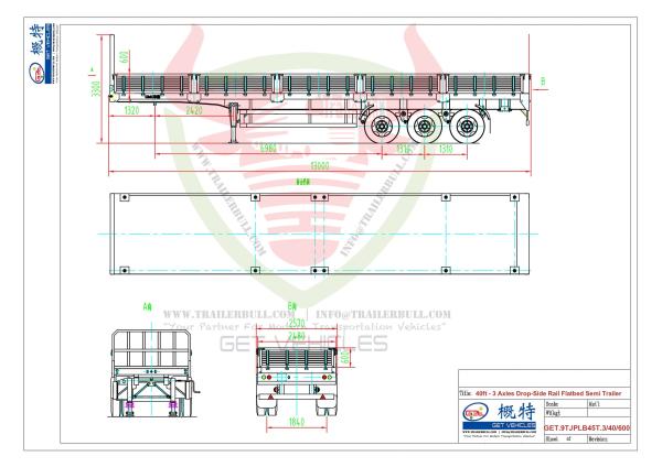                    3 Axles 40FT Versatile and Reliable Drop Side Rail Wall Flatbed Semi-Trailer with Fuwa Axle 13t and Mechinical Suspension             