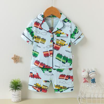 Short Sleeve 95% Cotton Button Up Pajama Set Lapel Cars Pj Set For Middle Aged Kids