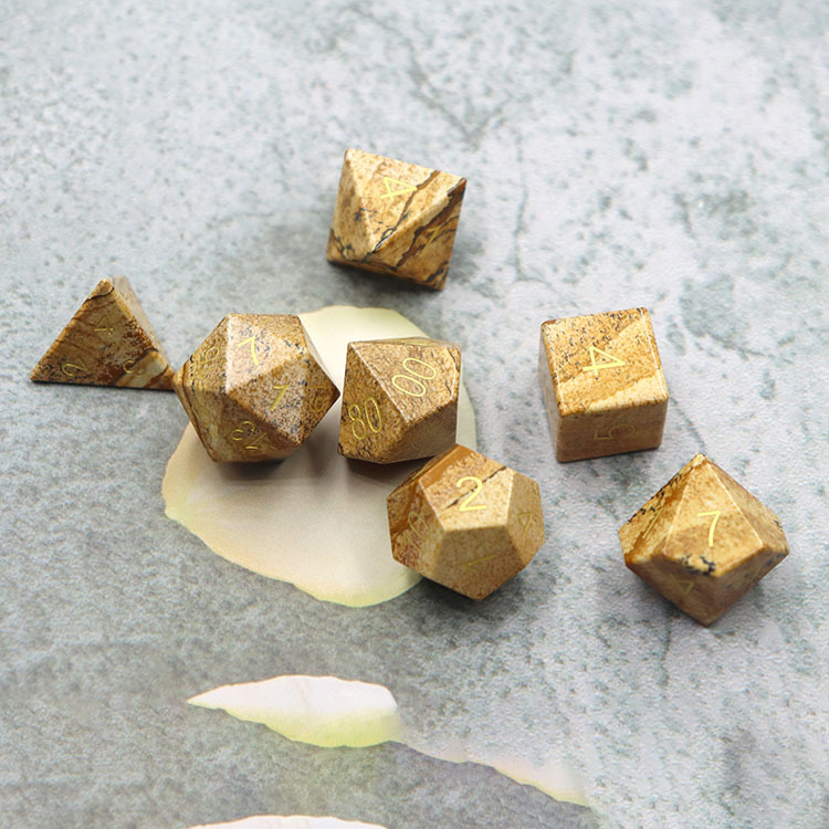 Natural Picture Jasper Gemstone Polyhedral Dice Set - Hand Carved DND Dice with Golden Ink Engraved Numbers