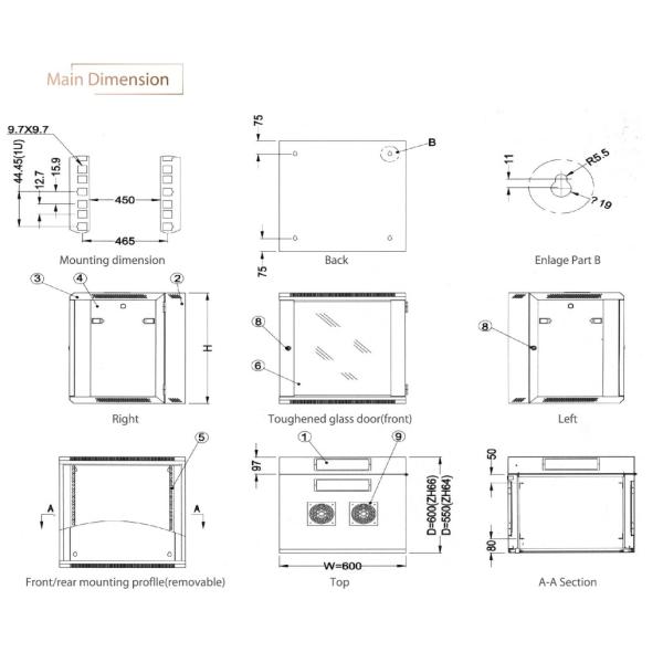 Огородите установленную глубину емкости загрузки 450/600мм дюйма 60КГ шкафа 19 шкафа сервера