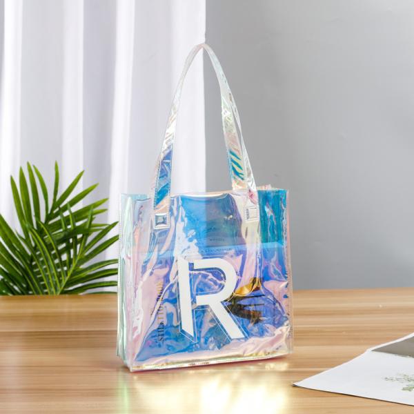 Holographic Clear Tote Bag With Leather Handle Iridescent Beach Totes Shoulder Handbag For Women Summer Pool Party