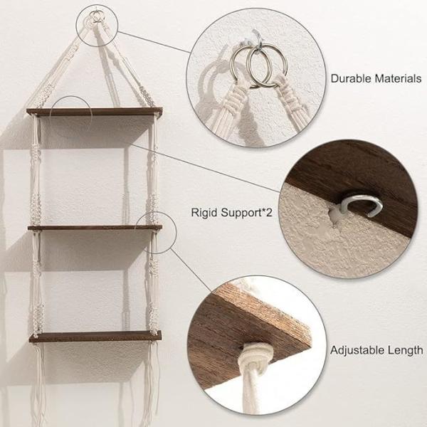 Home Furniture 3 Tier Macrame Wall Hanging Shelf with Wooden Floating Storage Shelves
