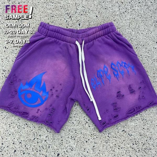 Shorts personnalisés Summer Puff Logo imprimé Shorts Rips lavés à l'acide Distressed Cut Edge Vintage Streetwear Casual Raw Hem Shorts Hommes