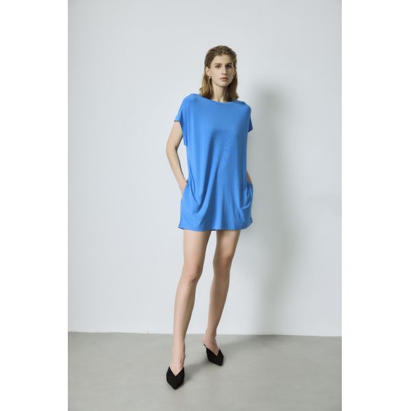 Bright Blue Short Sleeve Mini Dress Relaxed Fit Short Cotton Sundresses 180gsm