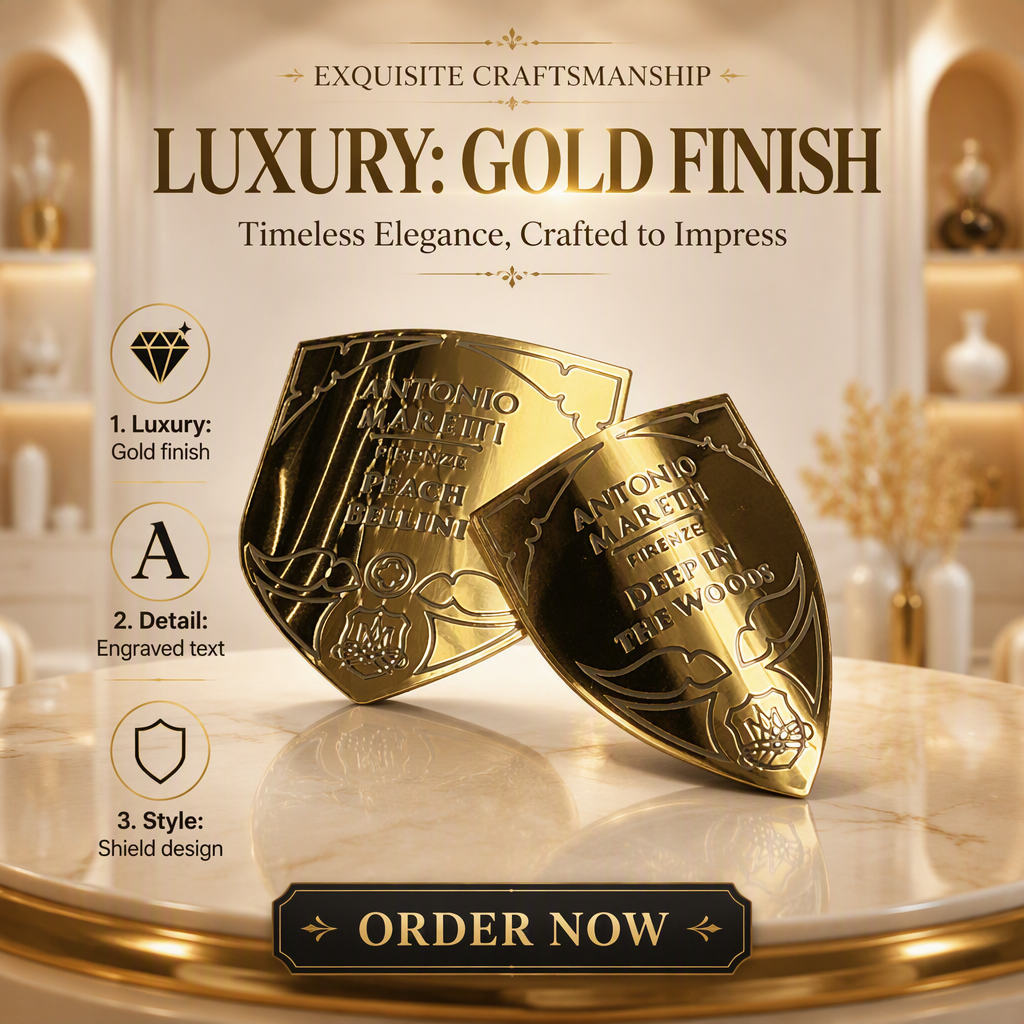 Custom Shield‑Shaped Painted‑Fill Gold Aluminum Perfume Nameplate