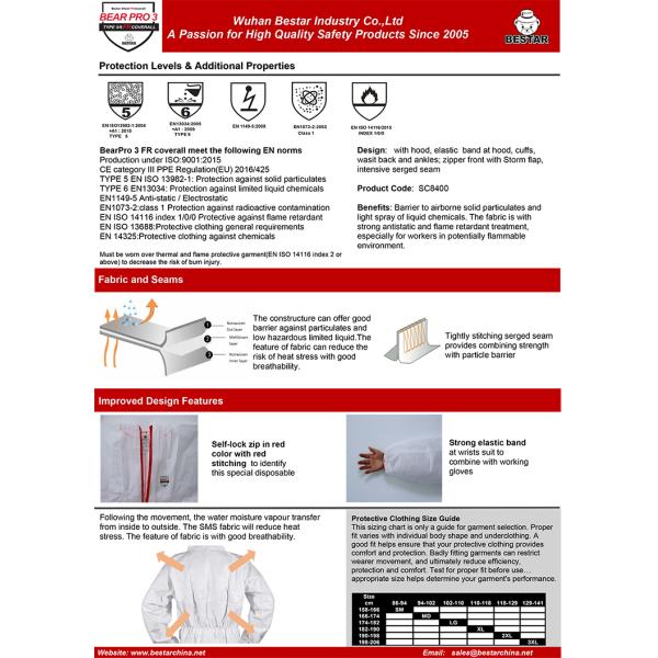 CE Certificed Flame Resistant Type 5/6 SMS Coverall for Medical and Hospital