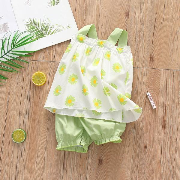 Girl Cotton 39in Green Short Sleeve Shirts Short Pant Suit Childrens