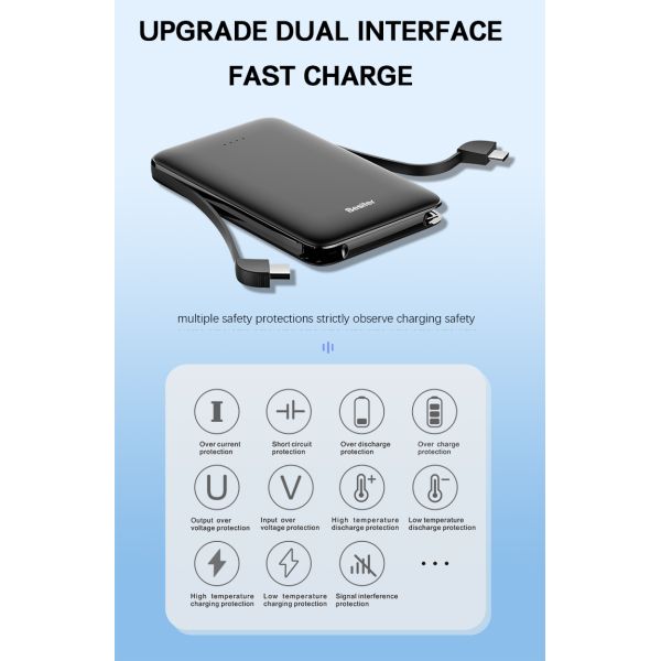 Portable Power Bank With Lighting/Type-C Cables 5000mah Utral-thin And Small Size Power Supply