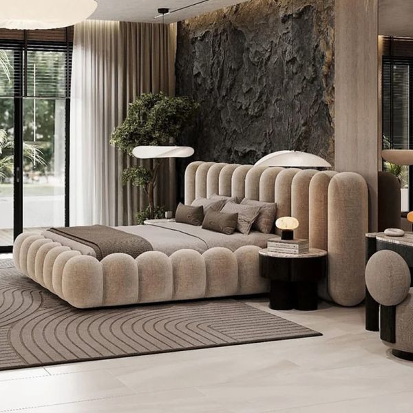 MOYI Designer Bedroom Bed Upholstered Double Minimalist Fabric Bed Queen Size Bed Frame Modern BED