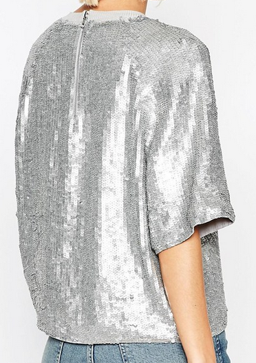 Bulk Mens Sequin T Shirt , Polyeste  Back Zipper Metallic Silver T Shirt