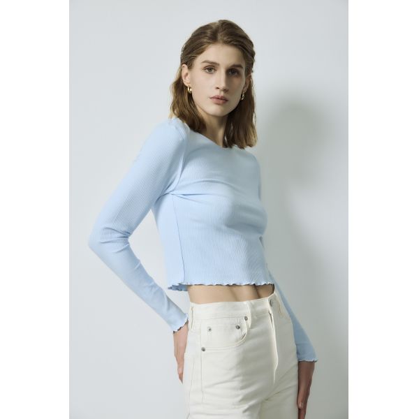 Blue Ribbed Long-Sleeve Lettuce-Hem Cropped Top & White High-Waist Cropped Straight-Leg Jeans Set