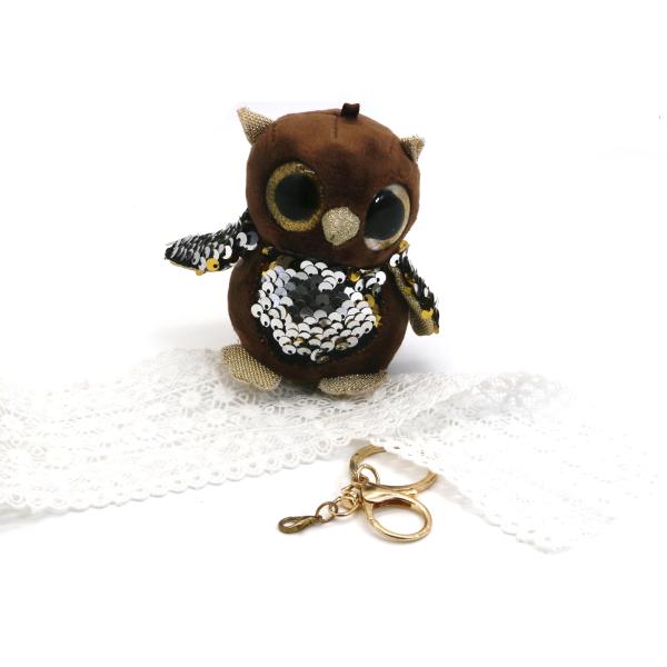 3D Plush Doll Key Chain Brown Embroidered Owl 10cm Inlaid Round Gold Eyes Beads
