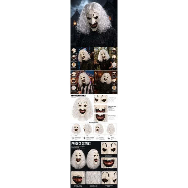 Sinister Gothic Horror Clown Latex Mask with Shaggy White Wig and Pointy Nose for Halloweeen Parties, Horror Enthusiasts