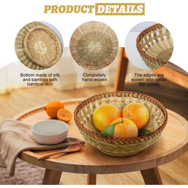Natural Bamboo Bread Baskets, 3 Pack Hand Woven Round Fruit Baskets For Serving, Handmade Picnic Basket, Wicker Decoration Storage For Living Room Kitchen Restaurant