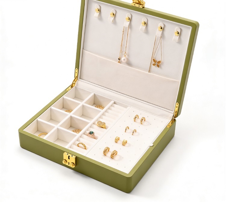 Handcrafted PU Leather Jewelry Storage Case, Premium Green Jewelry Organizer with Gold Lock & Drawer for High-End Jewelry