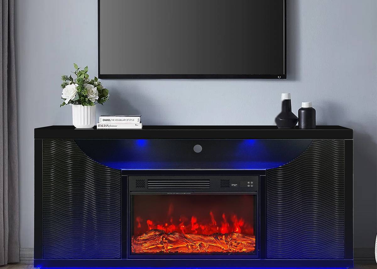 JSBL1302 Black Modern Electric Fireplace TV Stand with Built-in Bluetooth Speaker and Electric Heater with Ambient Light