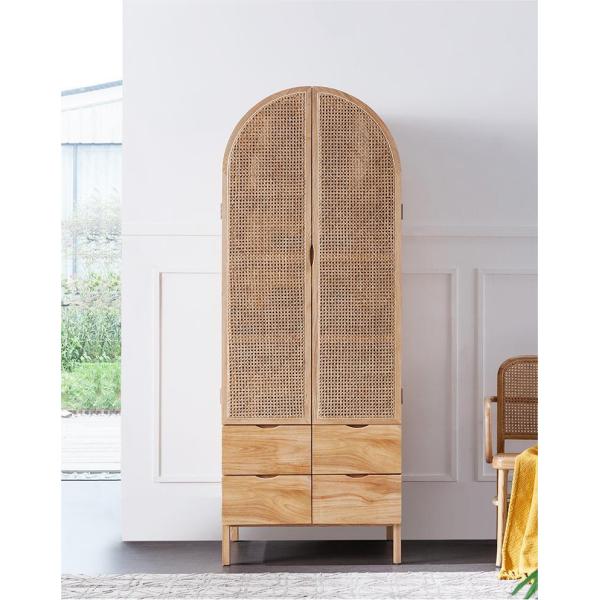Wooden Wardrobe Closet Modern Rattan Clothes Storage Cabinet 2 Door Solid Wood 75*58*201cm