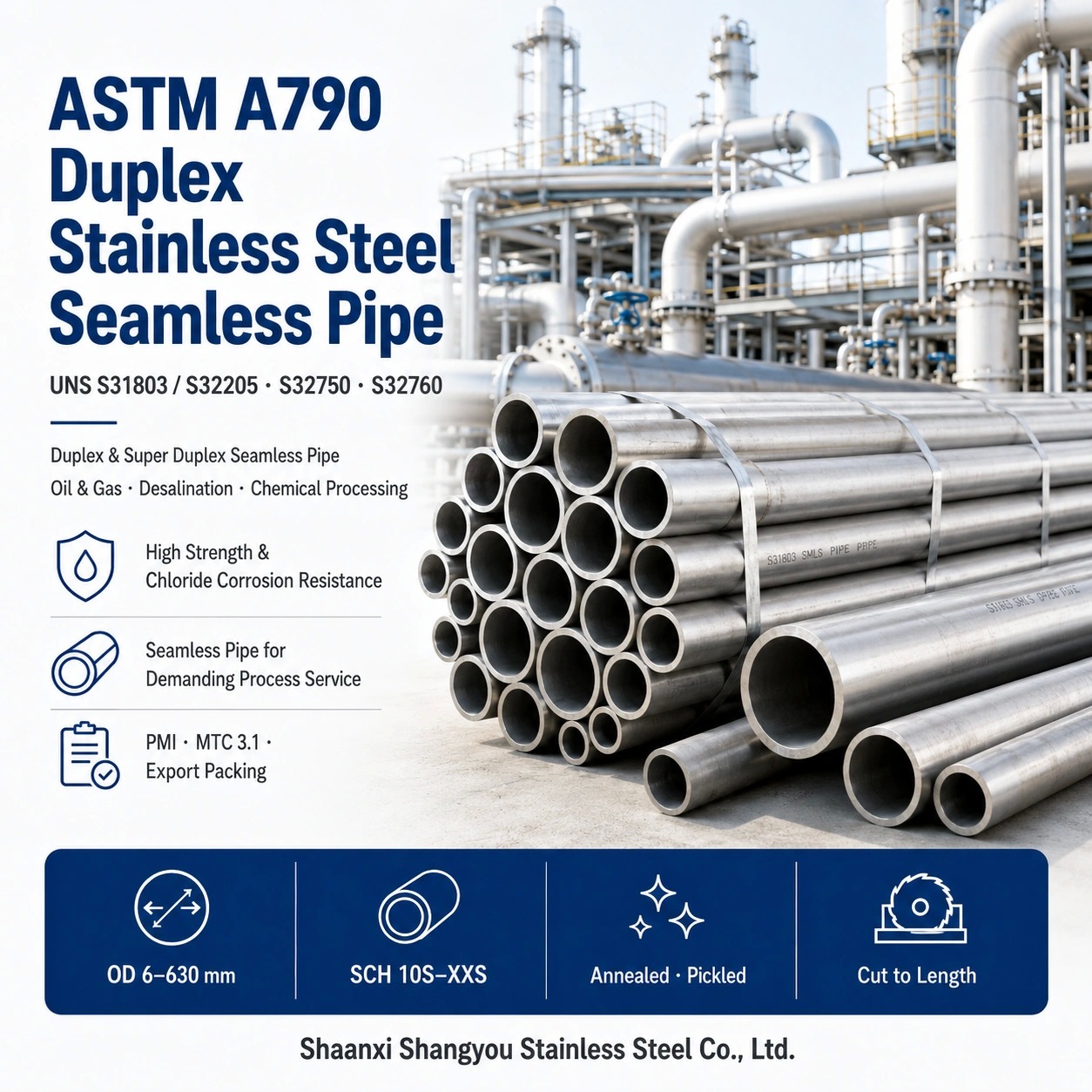 ASTM A790 Duplex Stainless Steel Seamless Pipe with High Strength and Chloride Corrosion Resistance