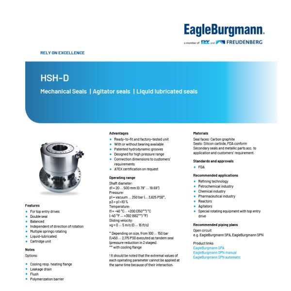 EagleBurgmann HSH-D Reaction Kettle Cartridge Mechanical Seal for Agitators